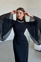 Clara Rhinestone Neck Flare Sleeve Midi Gown