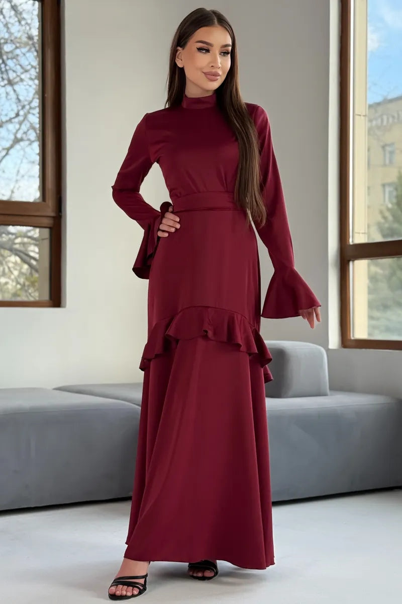 Huda High Neck Flare Sleeve Ruffle Maxi Dress-Red