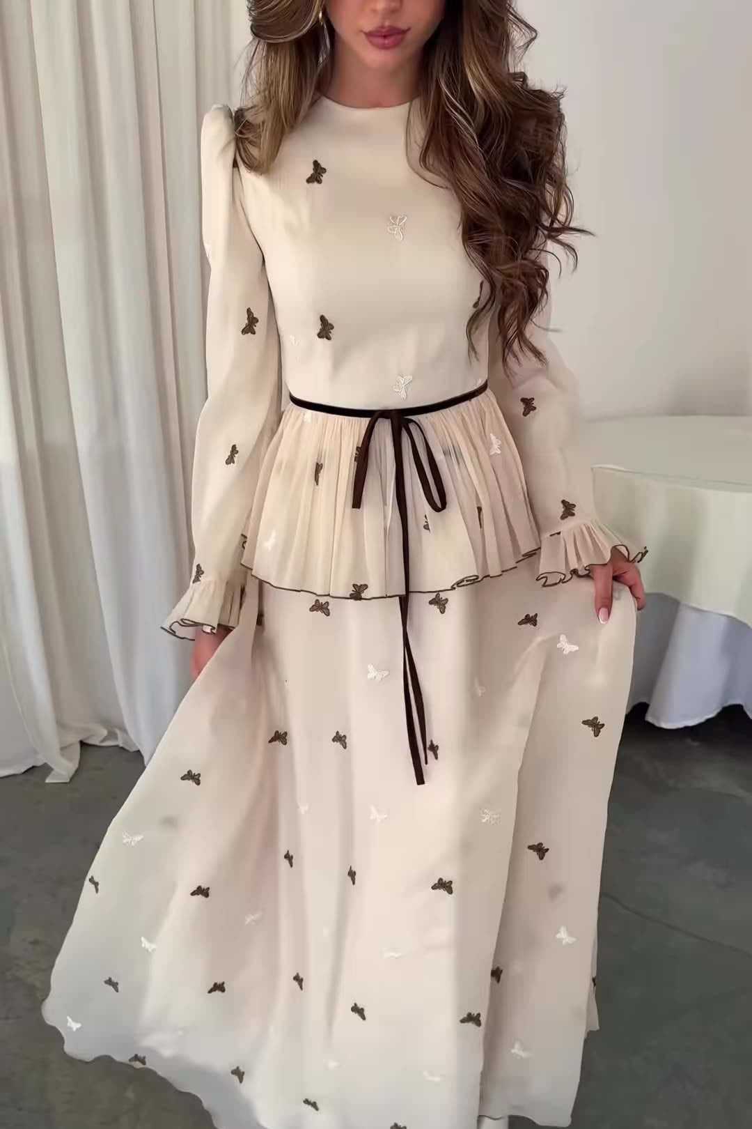 Lila Butterfly Embroidered Tie Waist Maxi Dress