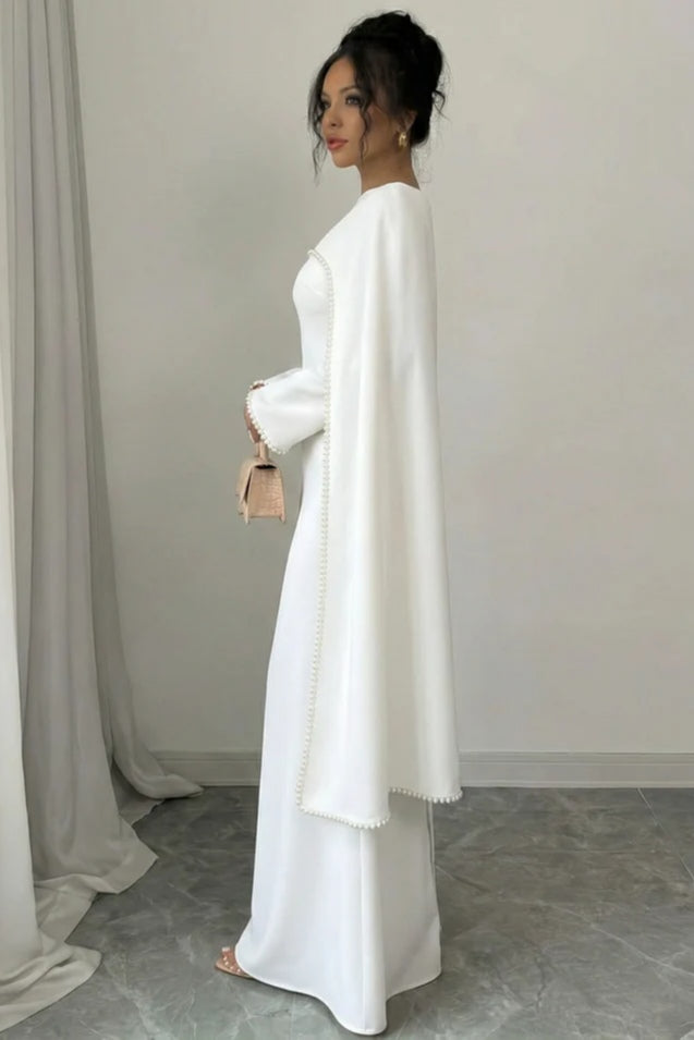Pearl-Trimmed Cape Modest Evening Gown-White