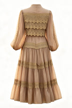 Lulu Lace Tiered Tie Waist Midi-Khaki