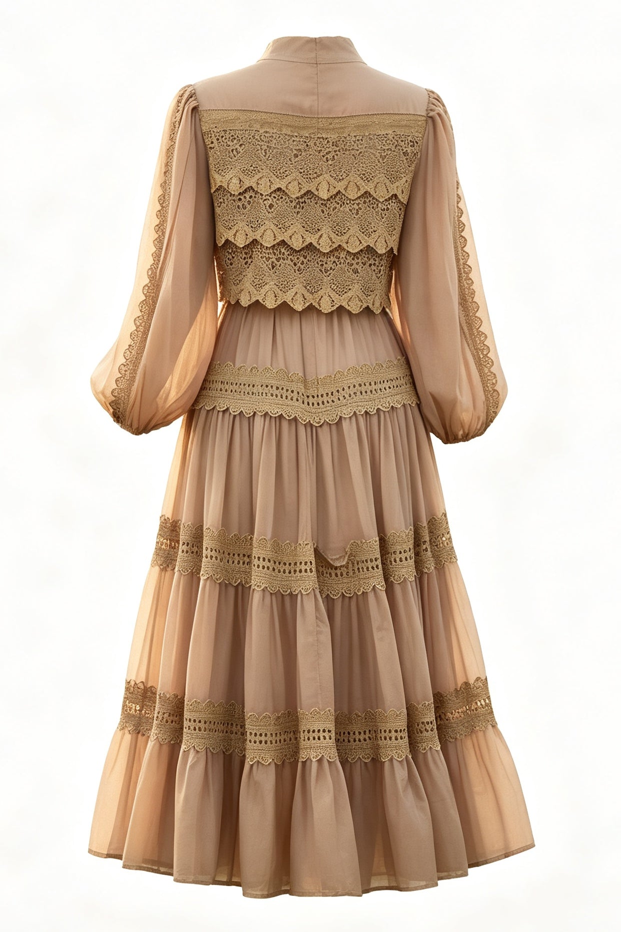 Lulu Lace Tiered Tie Waist Midi-Khaki