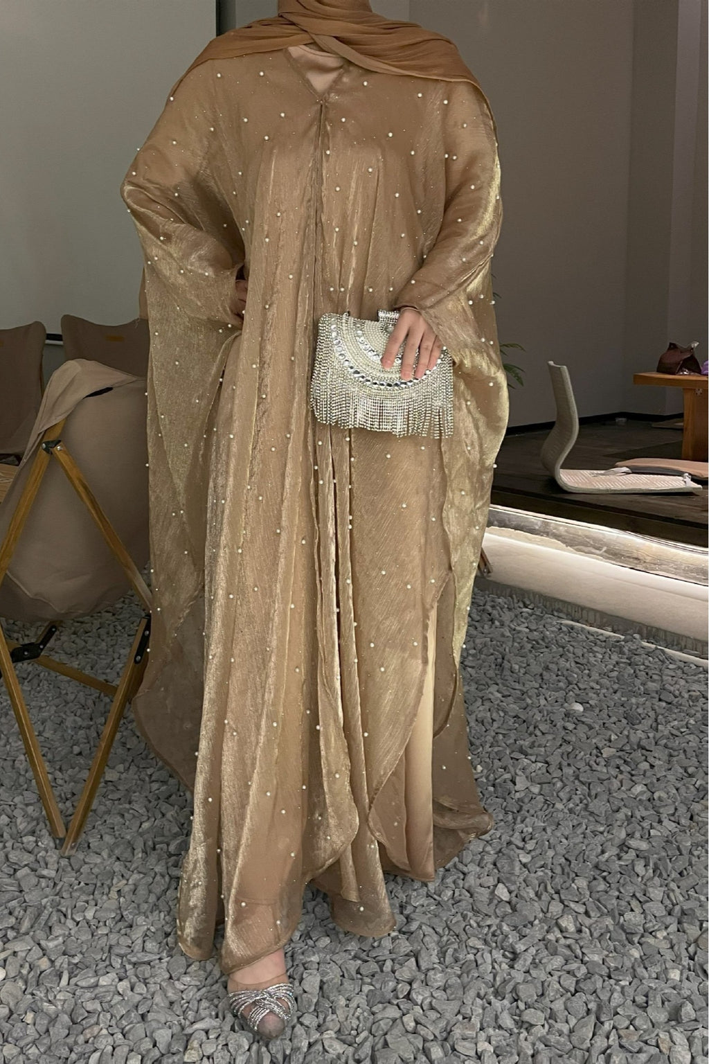Nur Pearl Draped Two-Piece Abaya-Gold