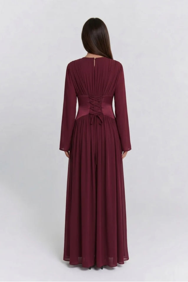 Iris Gathered Waist Flare Sleeve Maxi Dress-Wine