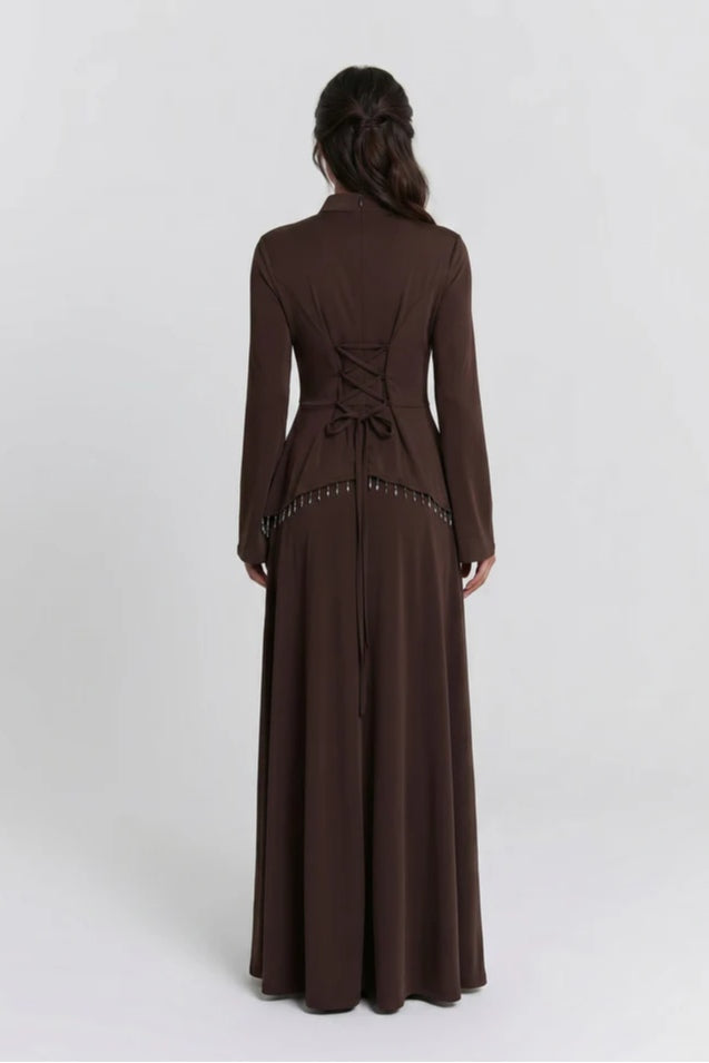 Nur V Neck Beaded Two Piece Abaya-Brown
