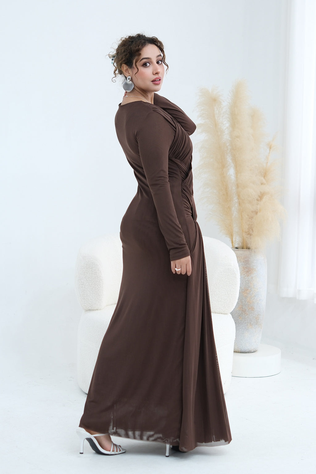 Grace Woven Mesh Maxi Dress-Brown