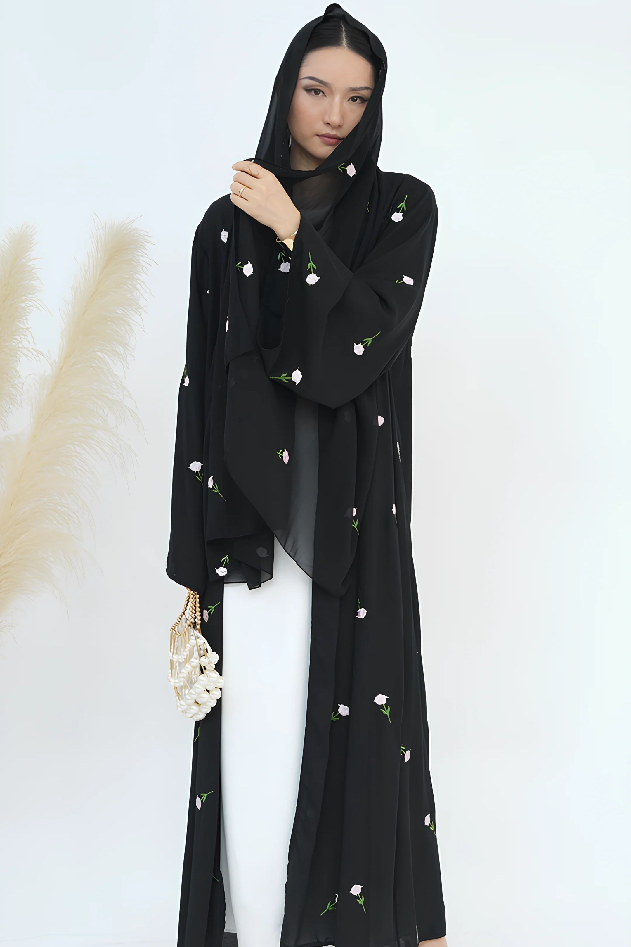 Floral Embroidered Abaya & Hijab Set-Black