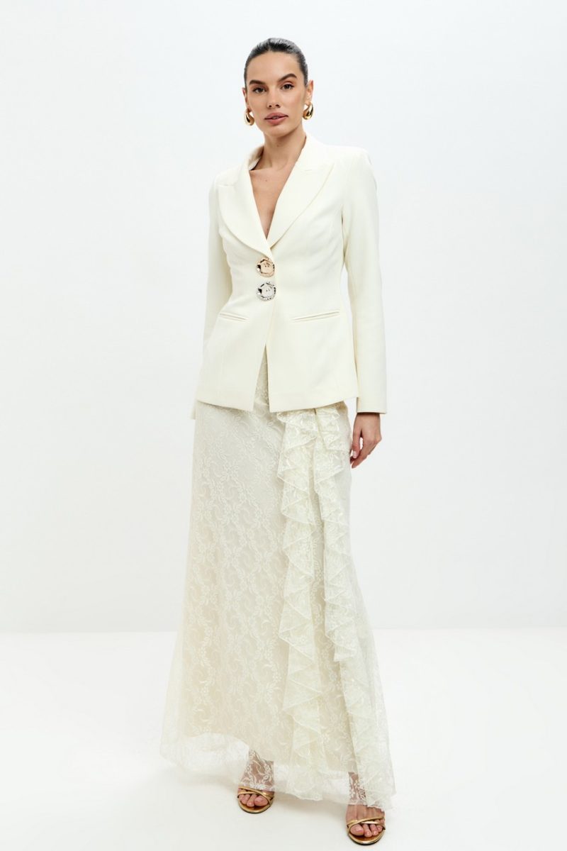 Blair Button Blazer Ruffle Lace Two Piece Set-White