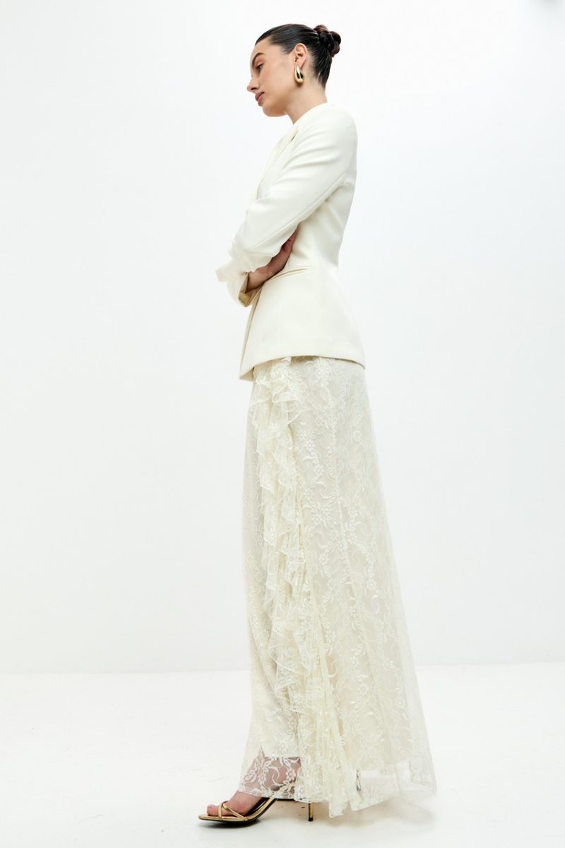 Blair Button Blazer Ruffle Lace Two Piece Set-White