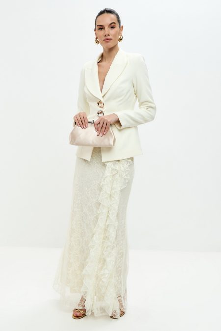 Blair Button Blazer Ruffle Lace Two Piece Set-White