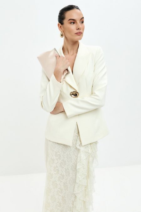 Blair Button Blazer Ruffle Lace Two Piece Set-White
