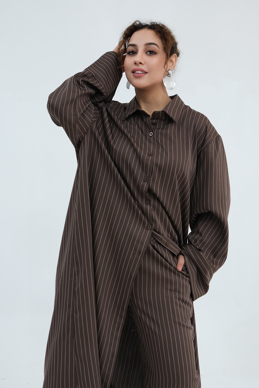 Muna Striped Shirt Long Two Piece Set-Coffee