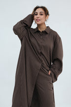 Muna Striped Shirt Long Two Piece Set-Coffee