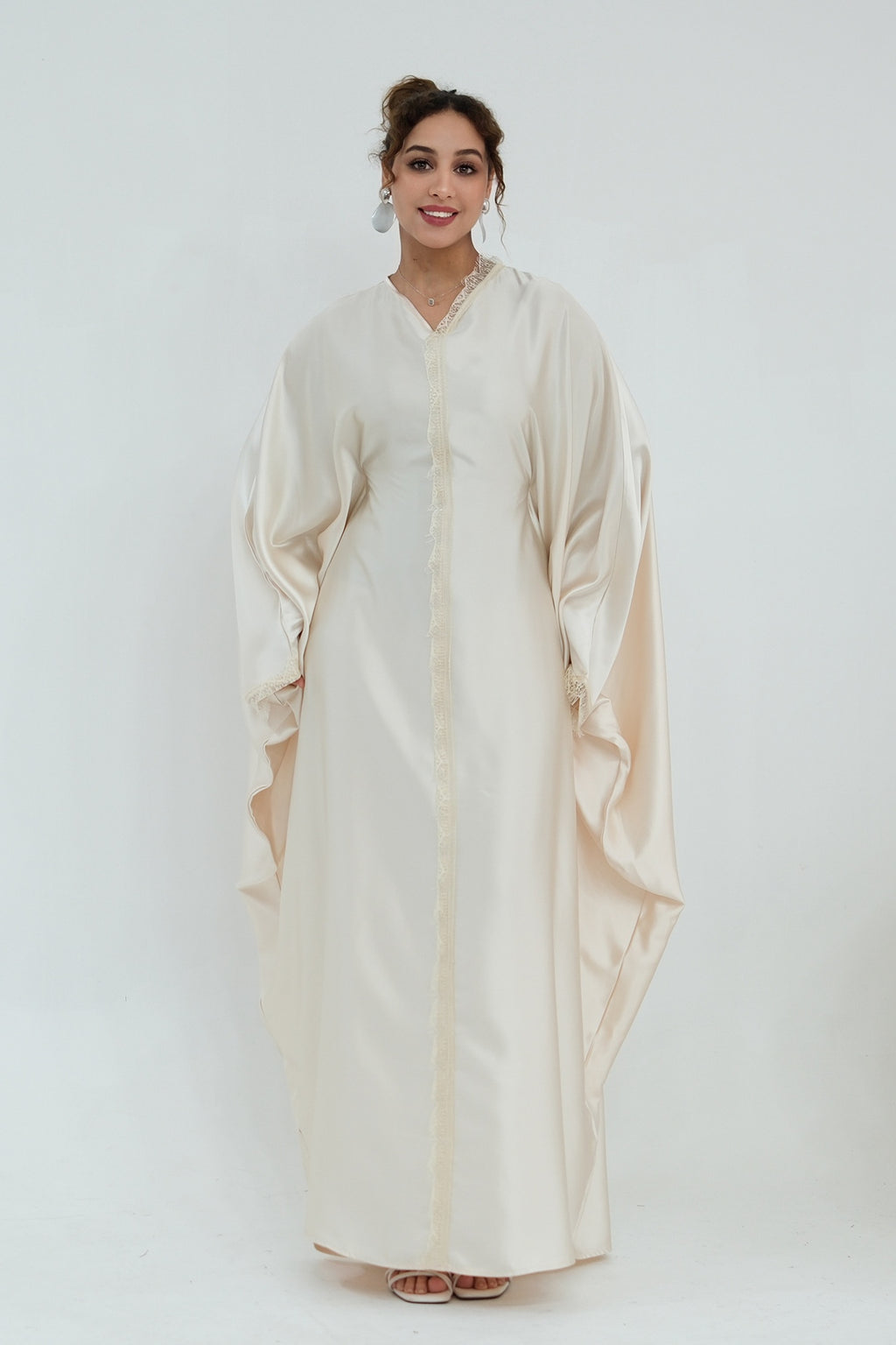 Sara Lace Trim Batwing Satin Abaya-Apricot