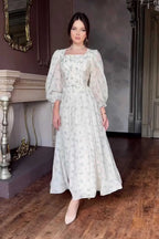 Sophia Square Neck Puff Sleeve Floral Maxi Dress-Blue