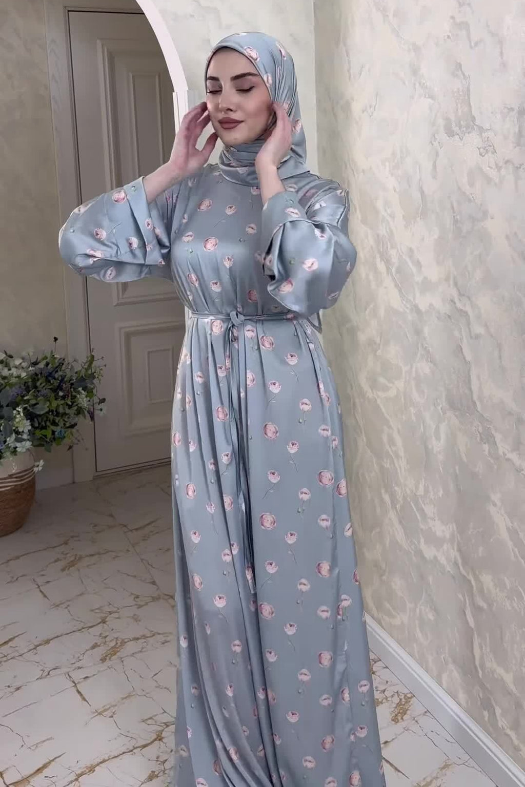 Rima Floral Print Tie Waist Abaya Hijab Set-Blue