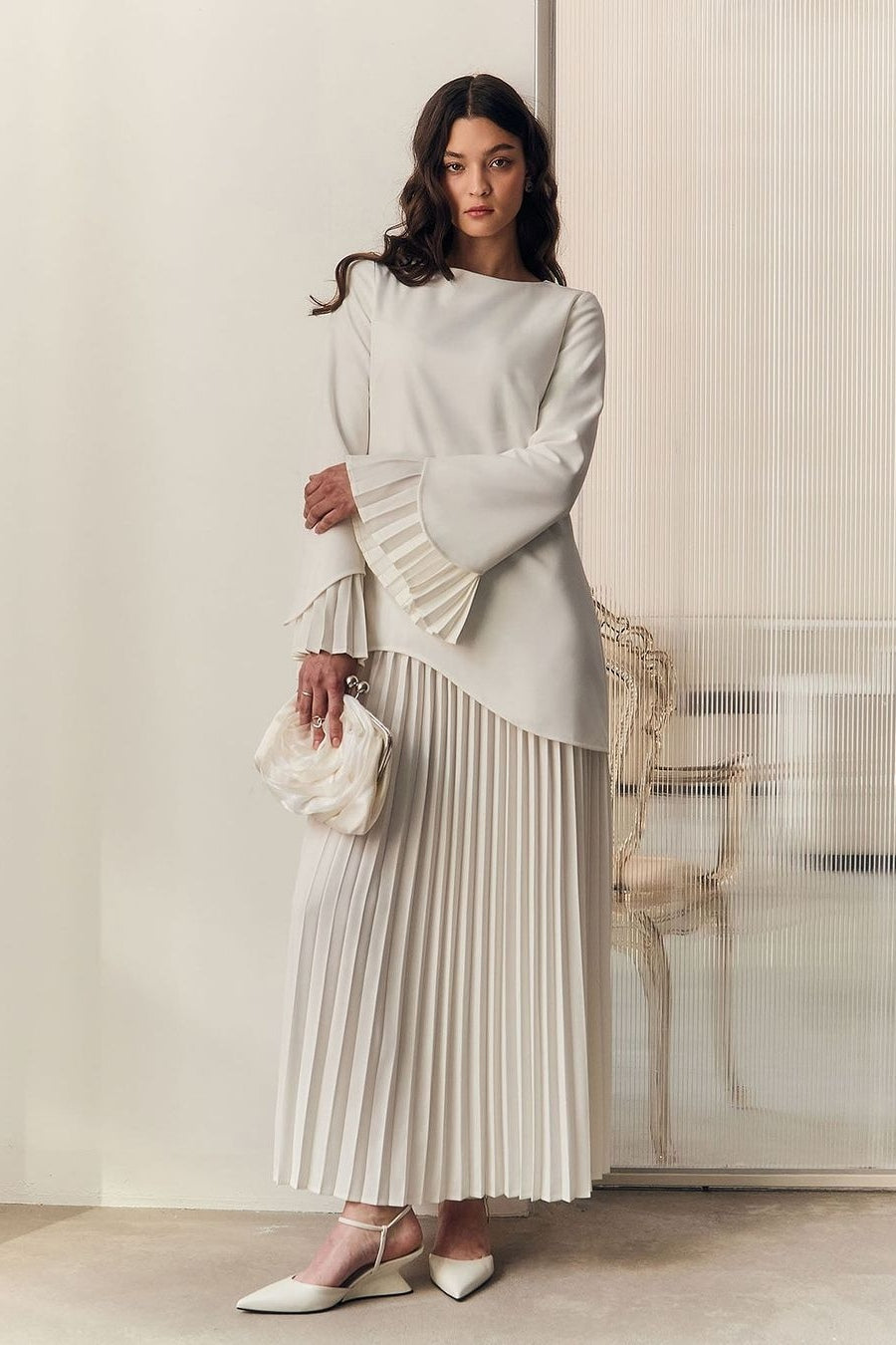Maren Pleated Layer Midi Dress-Apricot