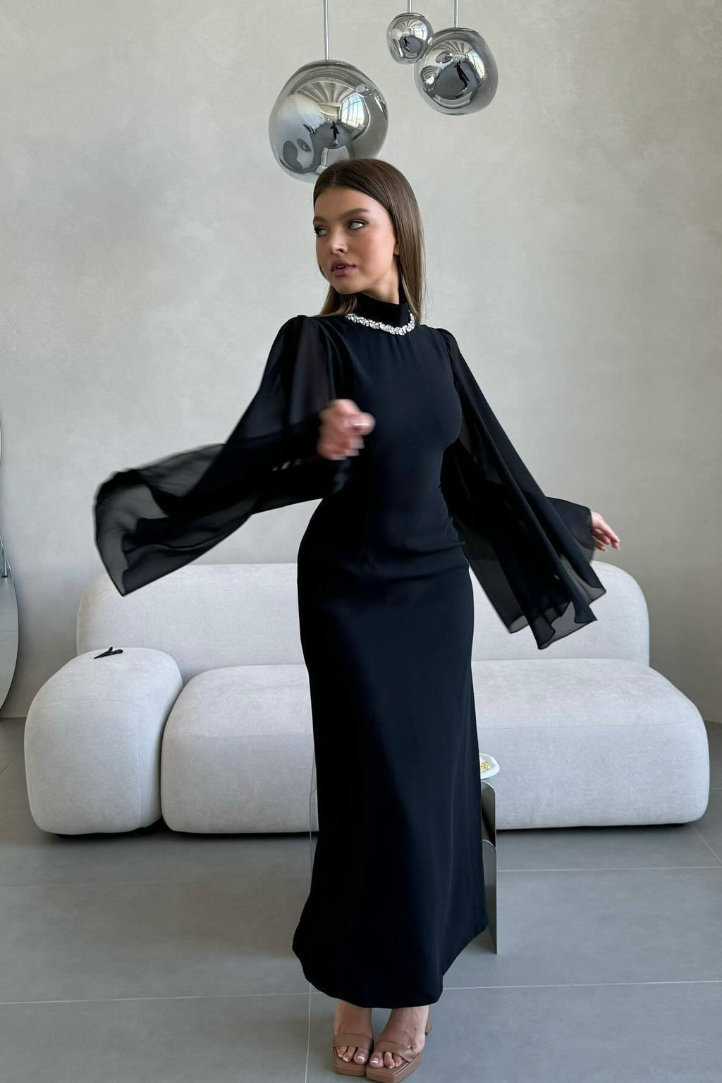 Clara Rhinestone Neck Flare Sleeve Midi Gown