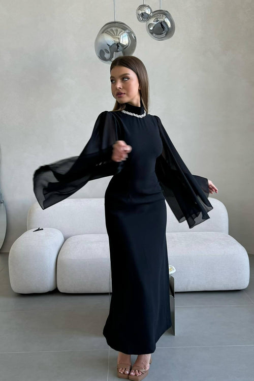 Clara Rhinestone Neck Flare Sleeve Midi Gown