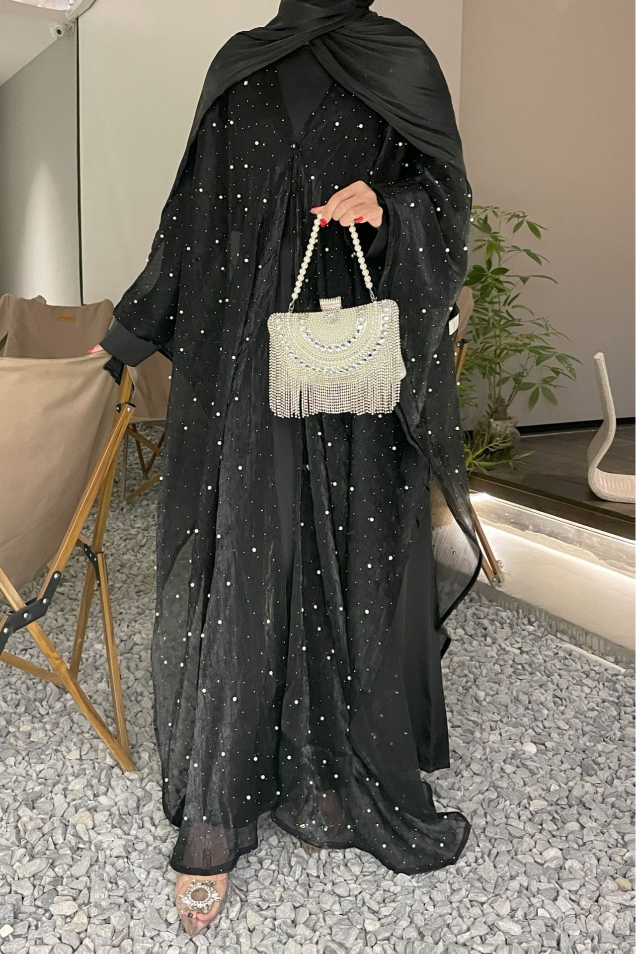 Nur Pearl Draped Two-Piece Abaya-Black