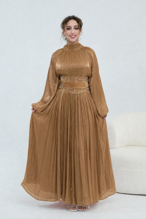 Rania Beaded Waist Shimmer Maxi-Khaki