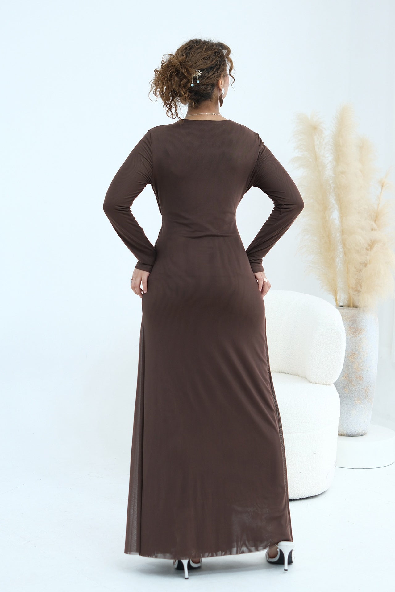 Grace Woven Mesh Maxi Dress-Brown