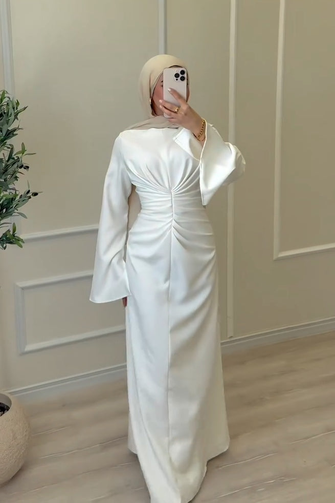 Center Ruched Satin Bell Sleeve Maxi Dress