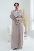 Basma Lace Cuff Stand Collar Long Abaya-Grey