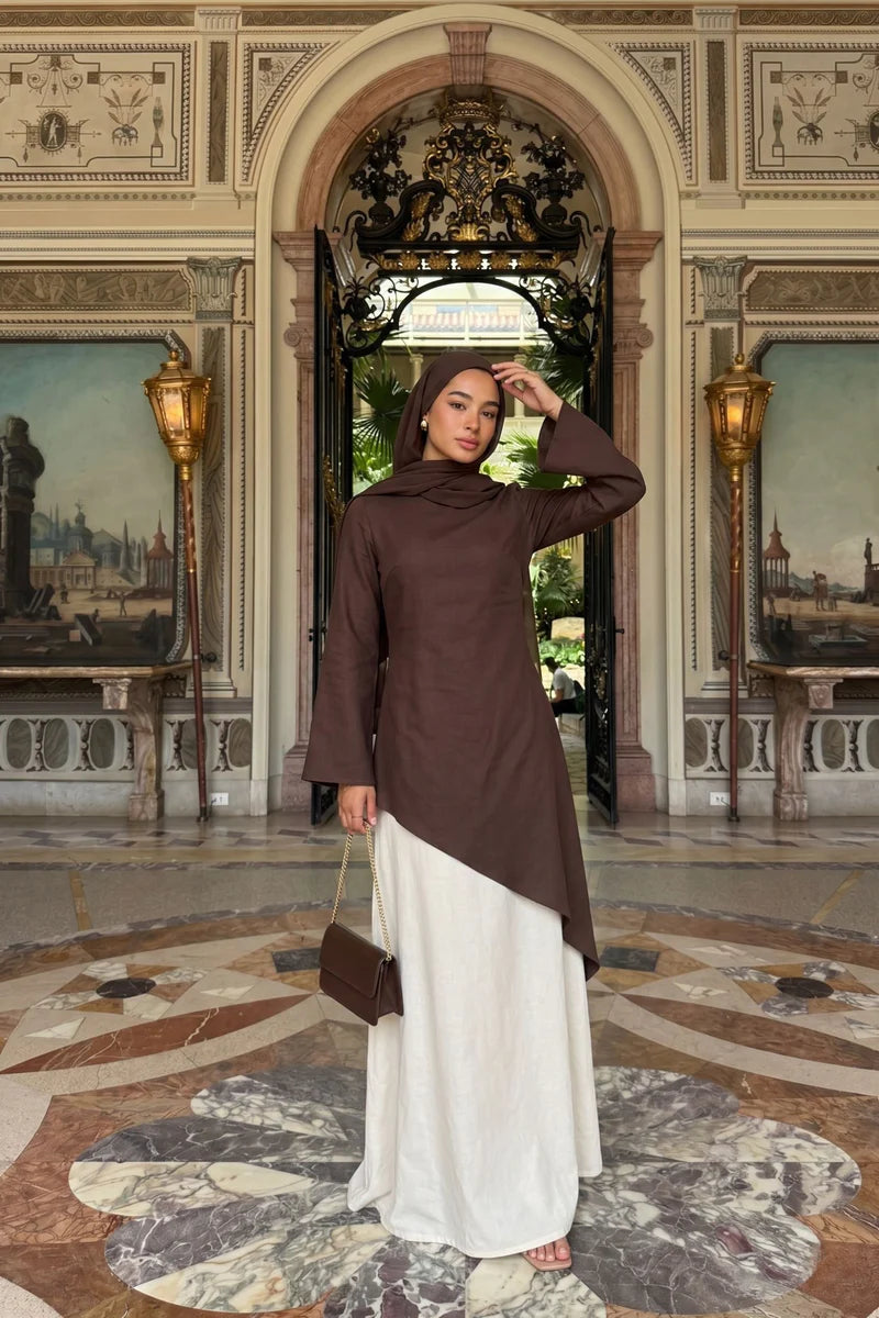 Zoe Asymmetrical Flare Sleeve Tunic Top-Coffee