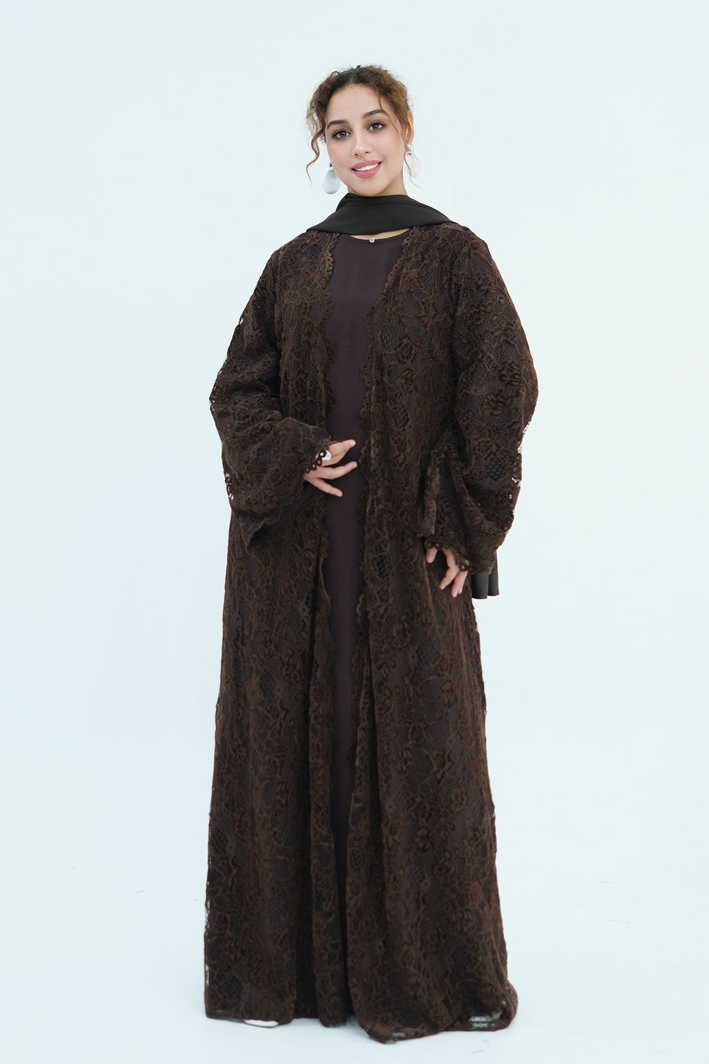 Nurul Floral Lace Open Front Long Abaya-Coffee
