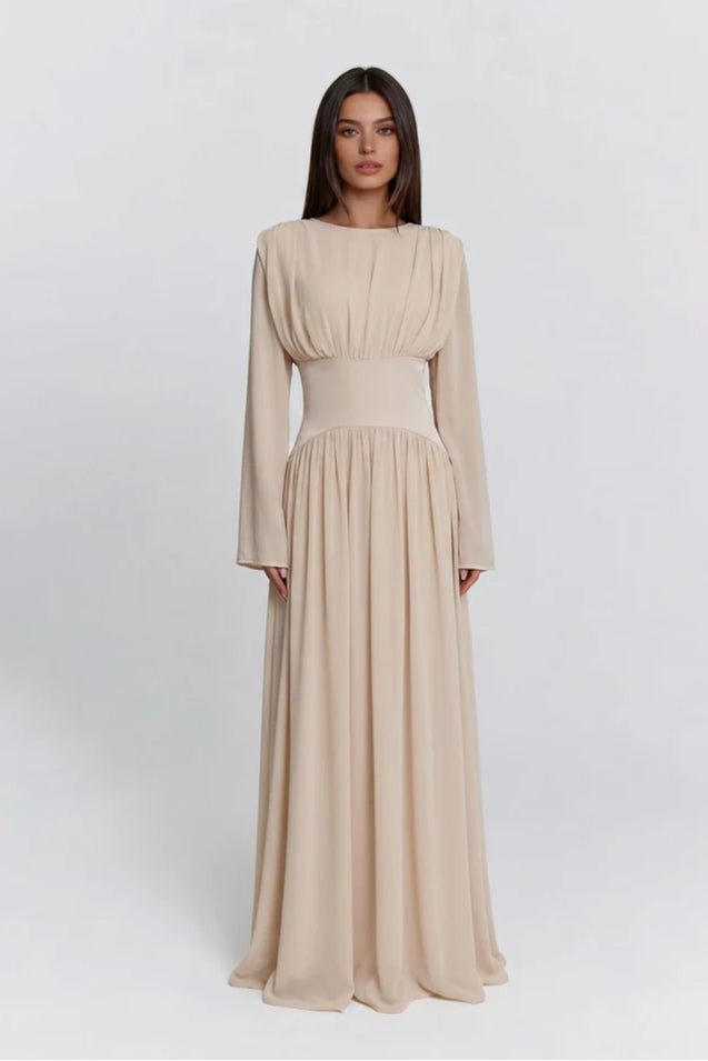 Iris Gathered Waist Flare Sleeve Maxi Dress-Apricot