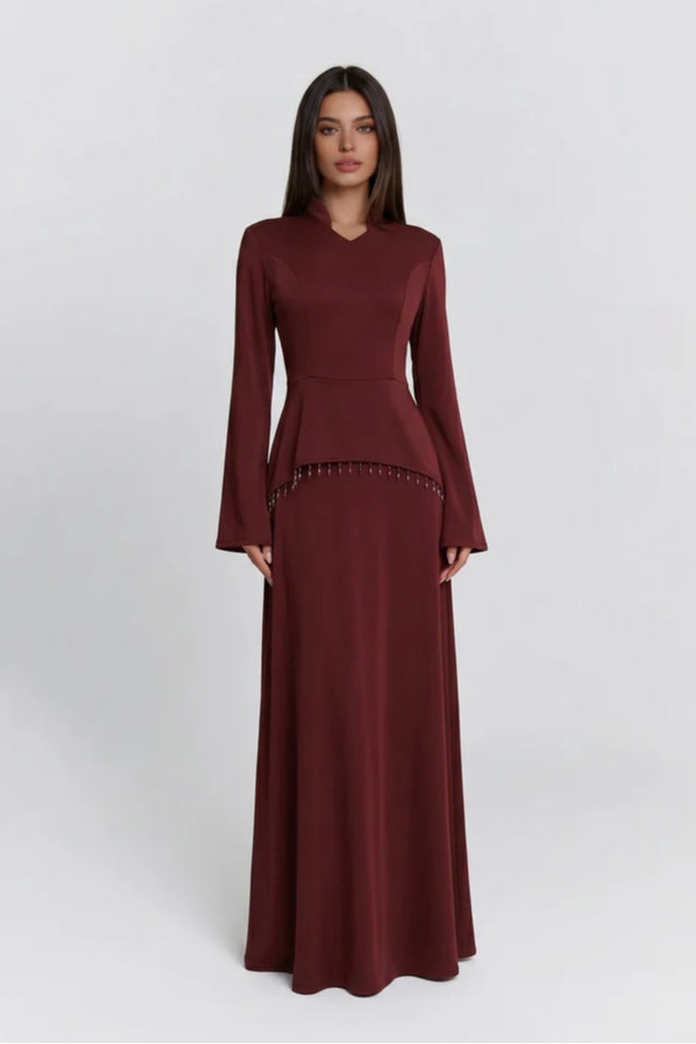 Nur V Neck Beaded Two Piece Abaya-Red