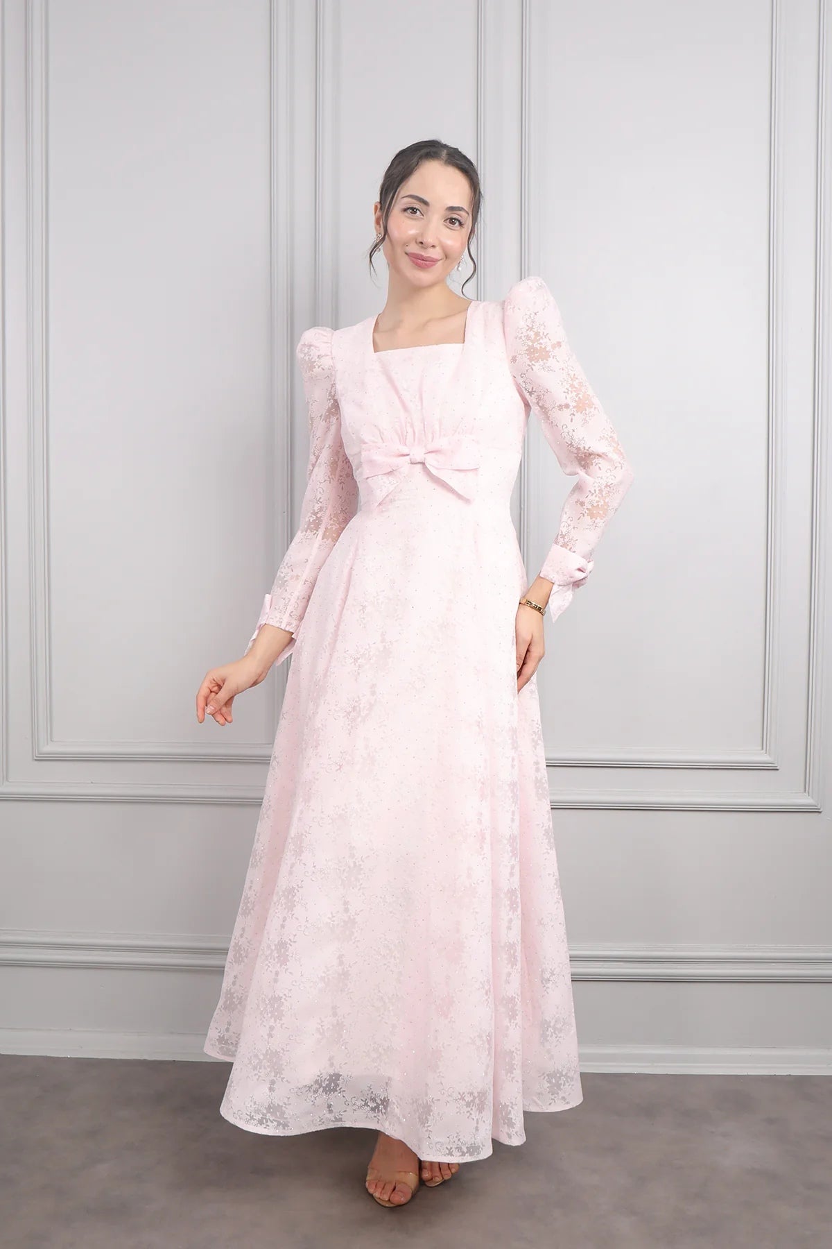 Elara Bow Floral Puff Sleeve Midi-Pink