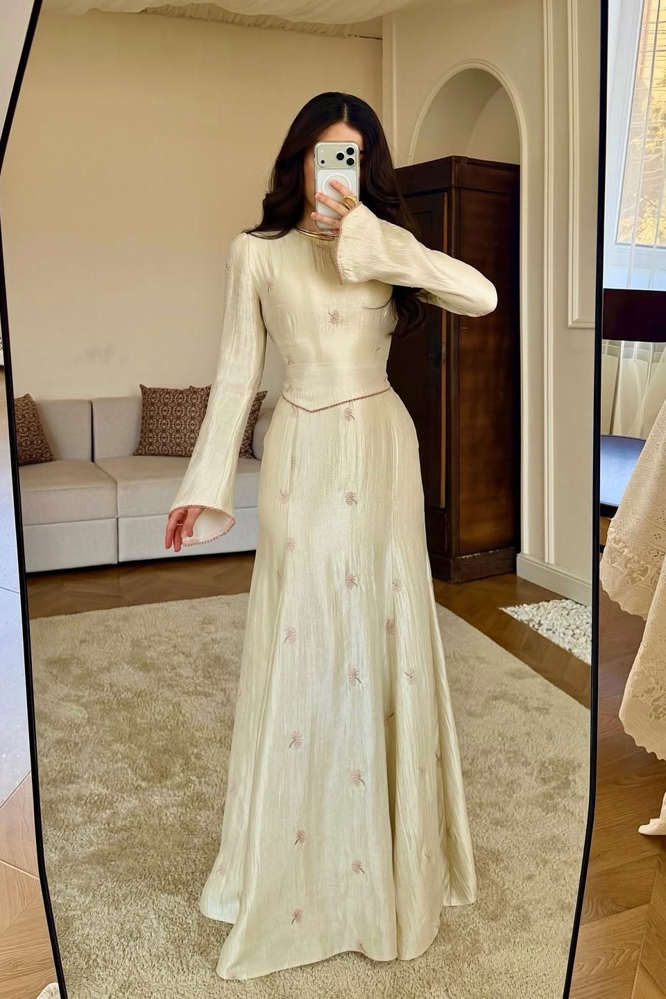 Elena Embroidered Crinkle Flare Sleeve Dress