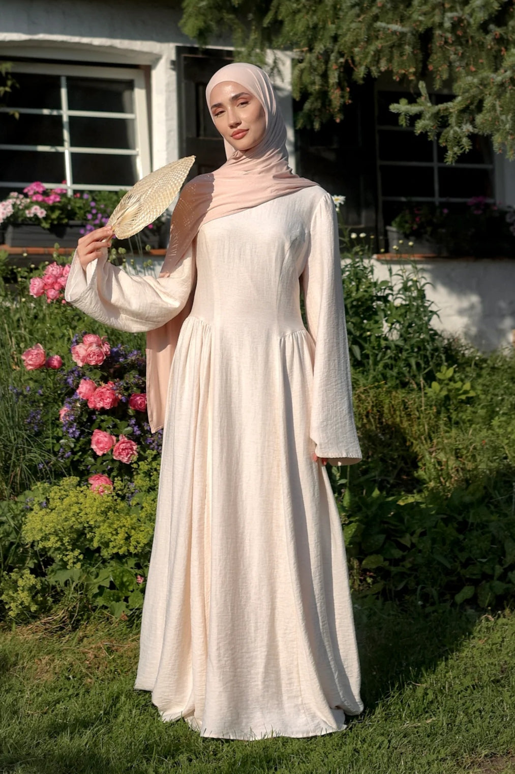 Zoe Draped Shoulder Textured Abaya-Apricot