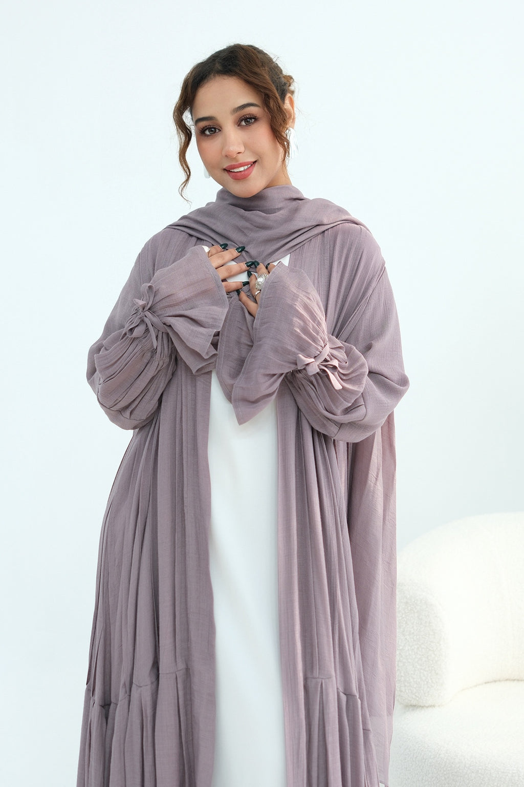 Rahma Tiered Flare Cuff Open Abaya-Purple