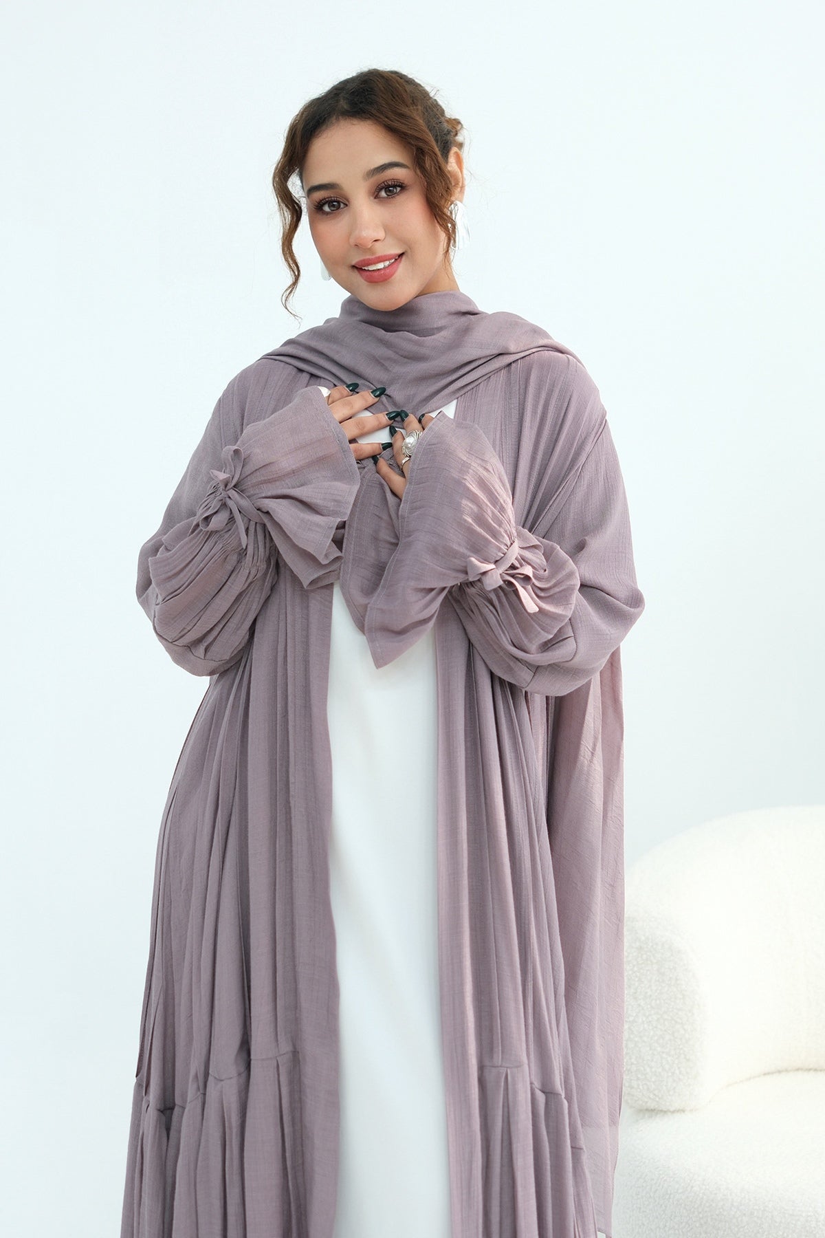 Rahma Tiered Flare Cuff Open Abaya-Purple