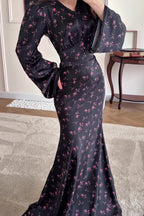 Serena V-neck Floral Flare Sleeve Mermaid Dress