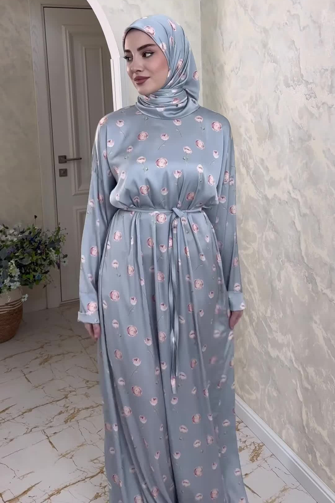 Rima Floral Print Tie Waist Abaya Hijab Set-Blue