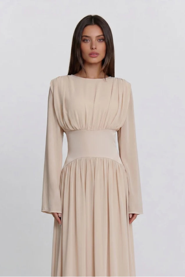 Iris Gathered Waist Flare Sleeve Maxi Dress-Apricot