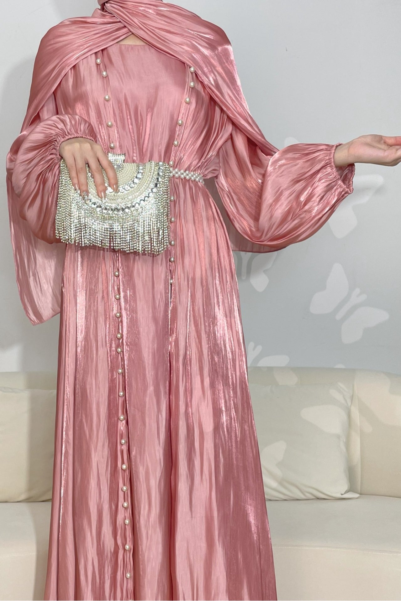 Maya Pearl Belt Shimmer Three-Piece Co-ord-Pink