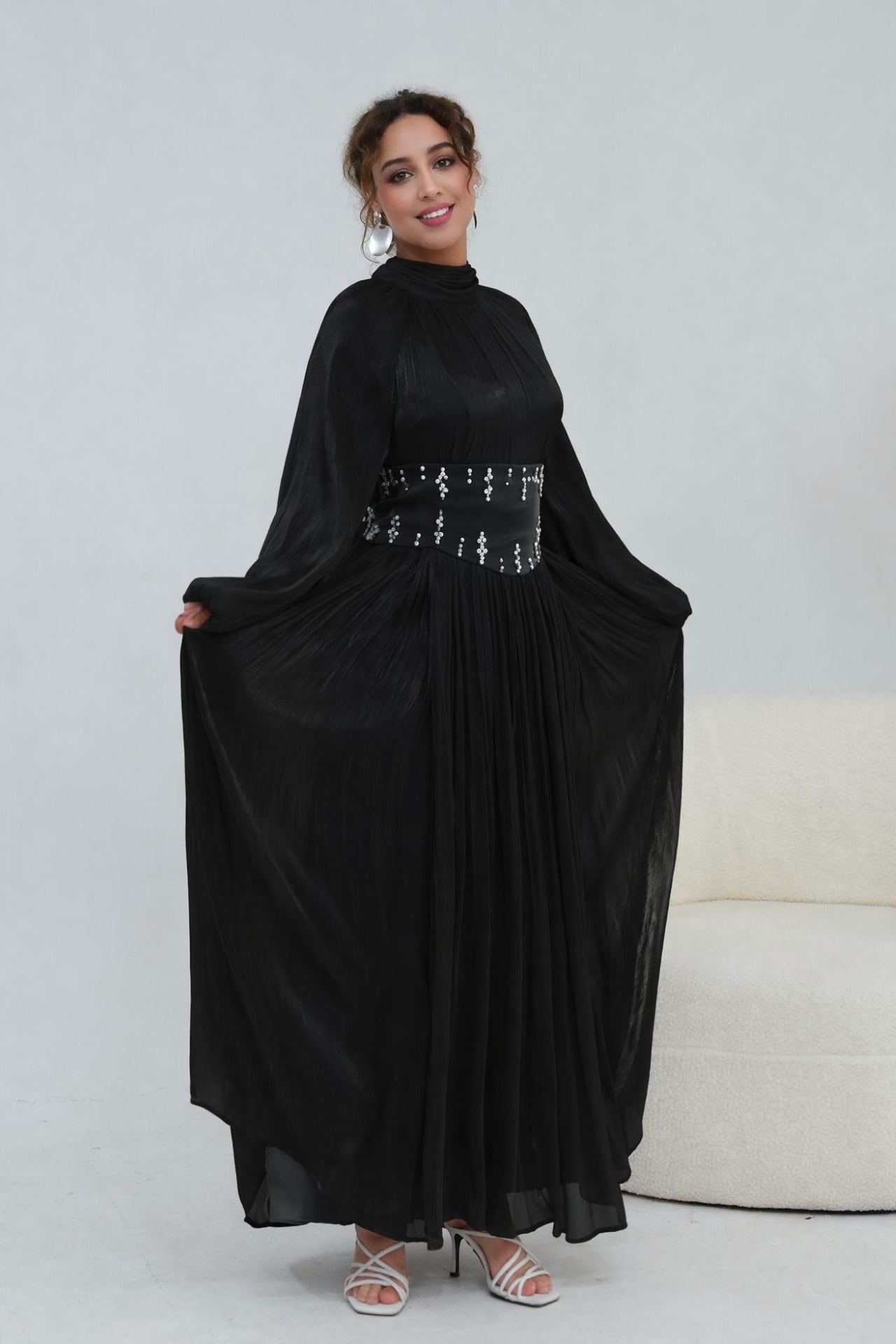 Rania Beaded Waist Shimmer Maxi-Black