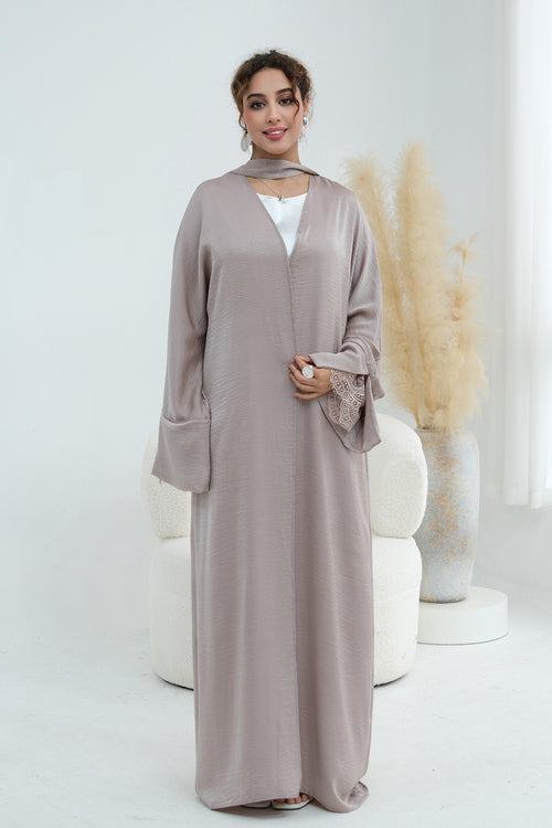 Basma Lace Cuff Stand Collar Long Abaya-Grey
