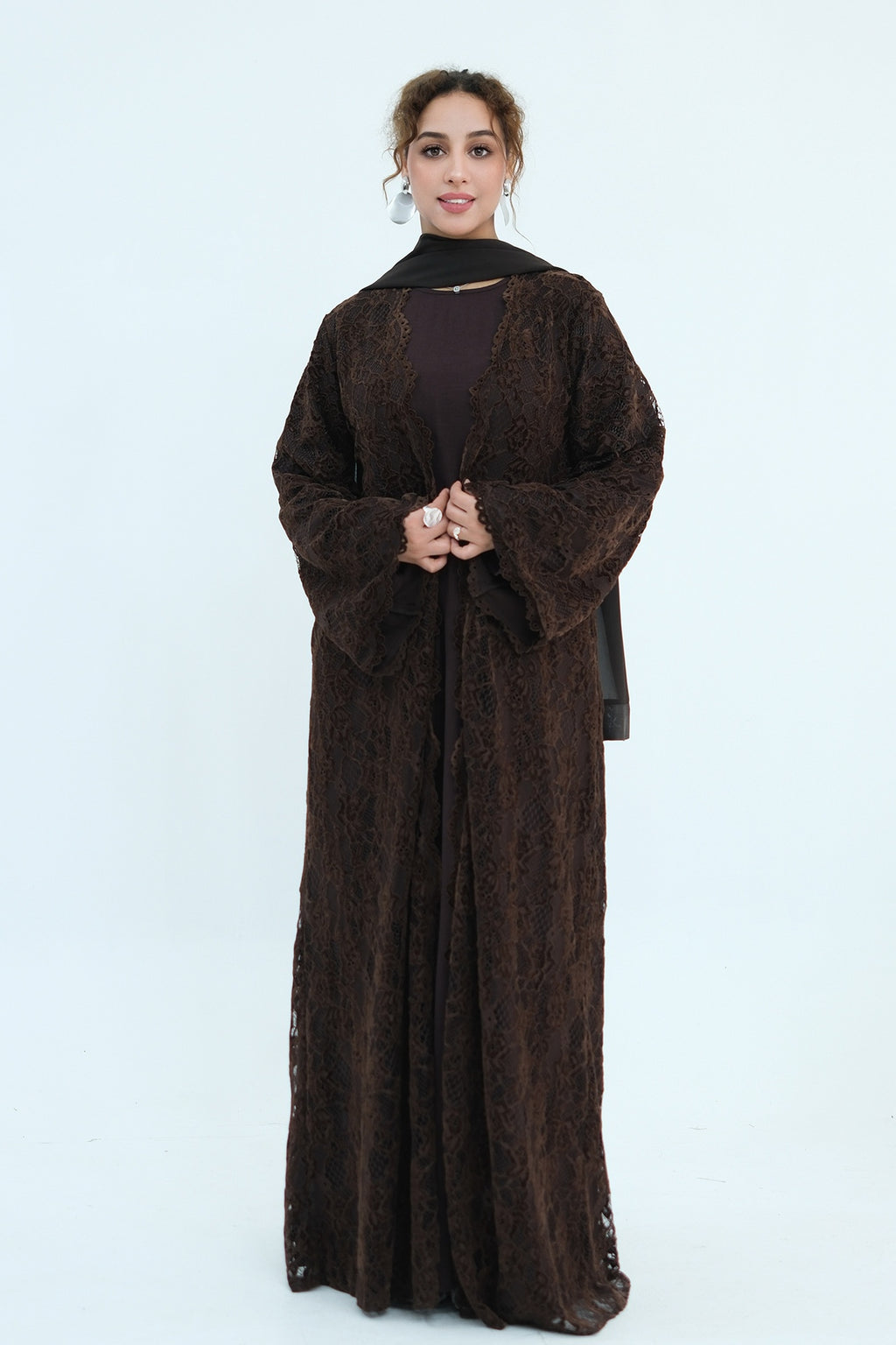 Nurul Floral Lace Open Front Long Abaya-Coffee