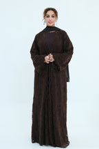 Nurul Floral Lace Open Front Long Abaya-Coffee