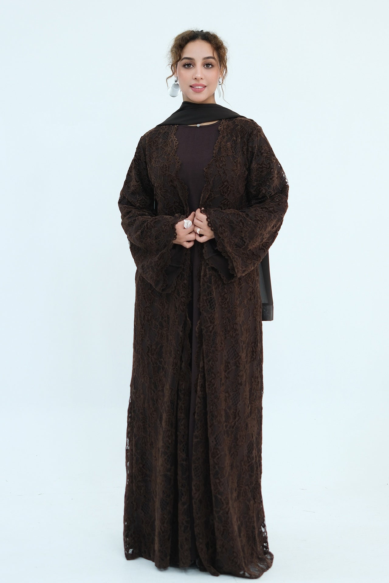 Nurul Floral Lace Open Front Long Abaya-Coffee