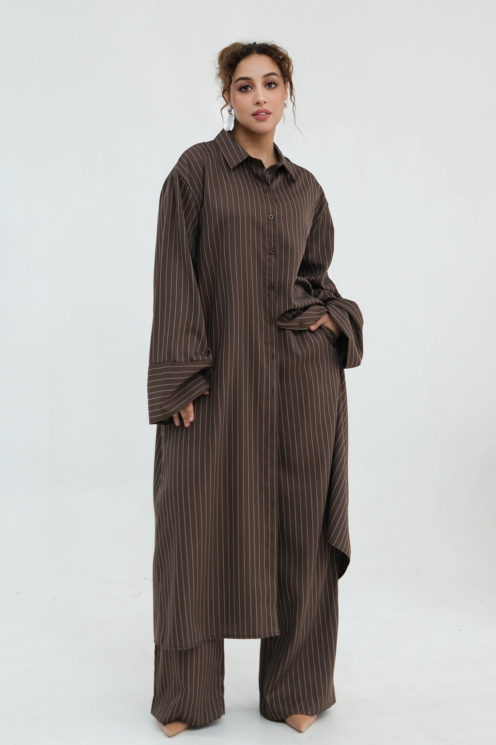 Muna Striped Shirt Long Two Piece Set-Coffee