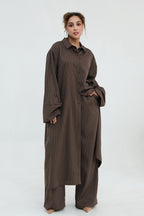 Muna Striped Shirt Long Two Piece Set-Coffee