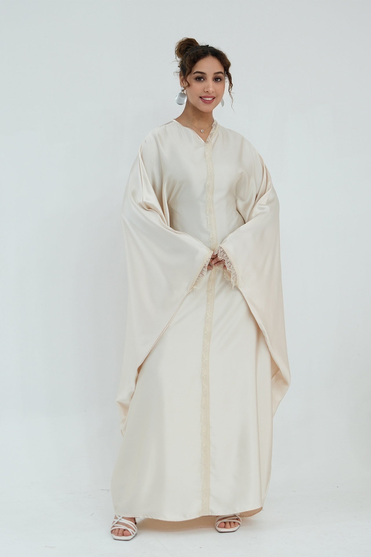 Sara Lace Trim Batwing Satin Abaya-Apricot