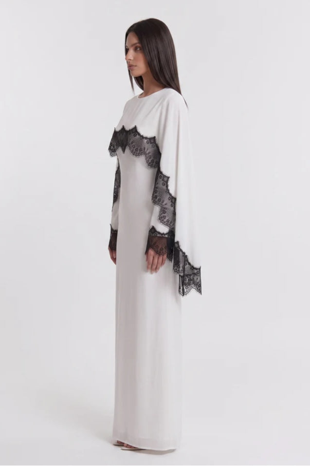 Lace-Trimmed Cape Overlay Modest Maxi Dress-White